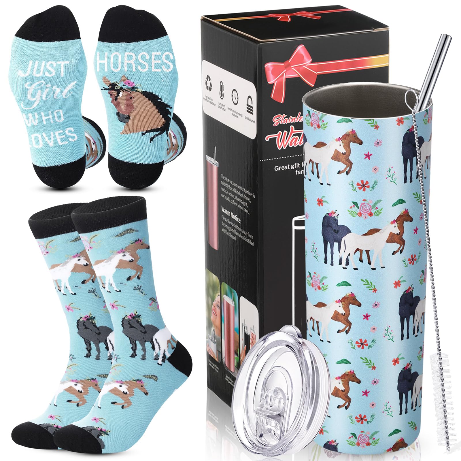 Umigy 2 Pcs Horse Gifts 20 oz Stainless Steel Horse Tumbler and Novelty Socks Graduation Gifts Stuff for Women Lovers Friends Coworkers Birthday