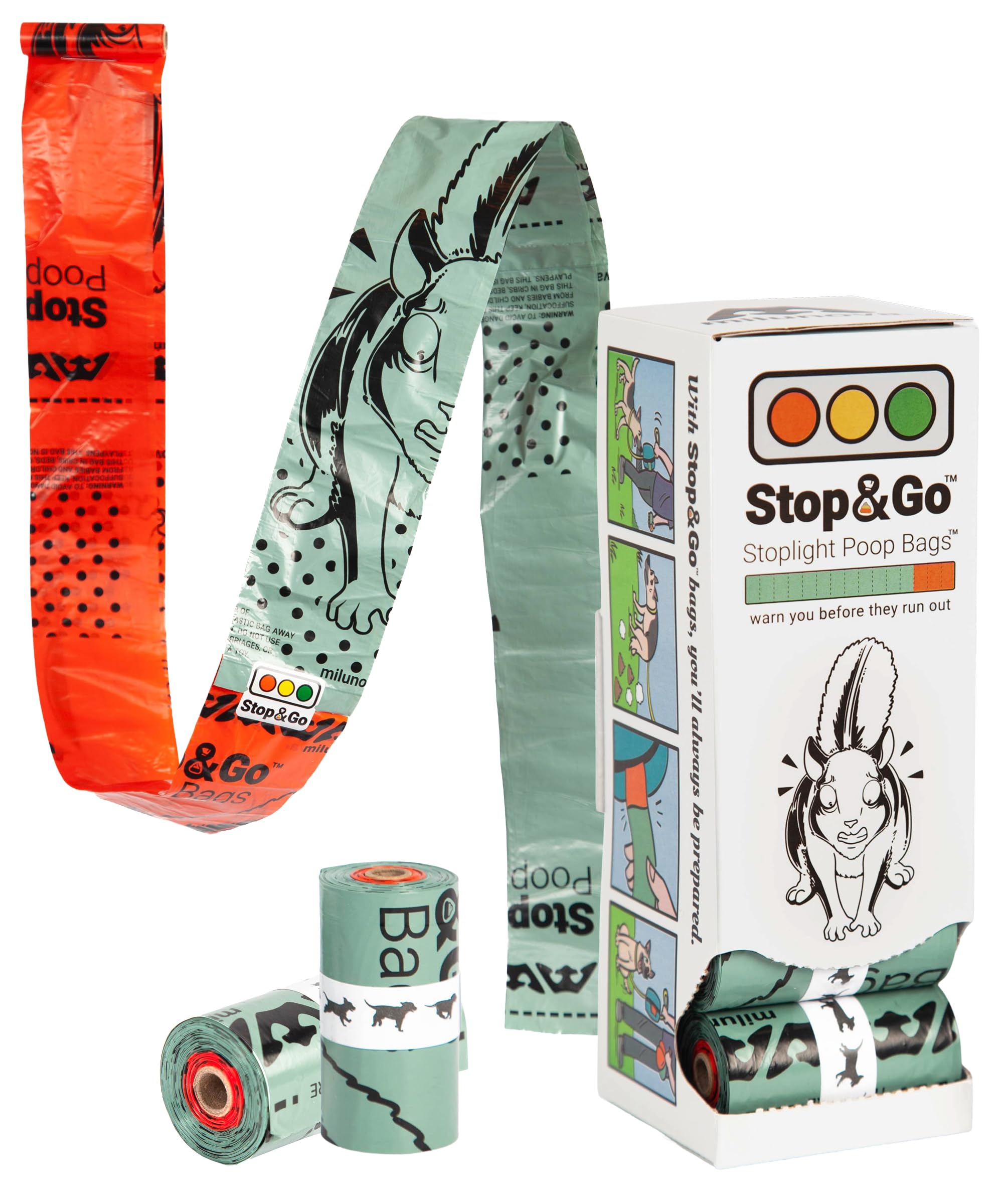 Milunova Stop & Goโข Stoplight Poop Bags With Dual Color Changing Traffic Light Last Bag Warning (Last Three Red) - 12 Rolls, 180 Bags