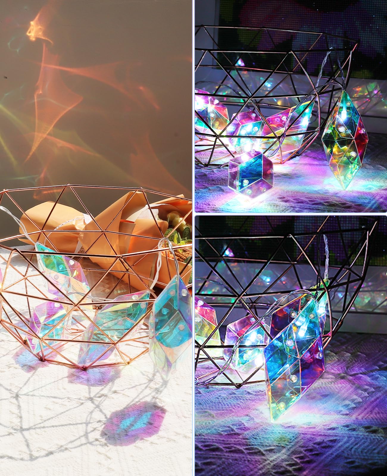 AceList Iridescent String Lights Indoor, 20 LED 9.84FT Holographic Battery & USB Powered, 8 Lighting Modes, Crystal Diamond Fairy Lights for Wedding, Christmas, Party, Room Décor