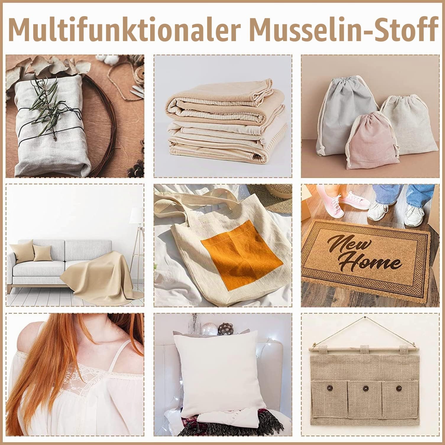 Musselin-Stoff/Textil, ungebleicht, Drapierstoff, 2m&5 m&10m, mittelschwer, 100% Baumwolle, 160 cm breit Musselin Leinen Stoff zum Nähen von Kleidungsstoffen (10 Meter)