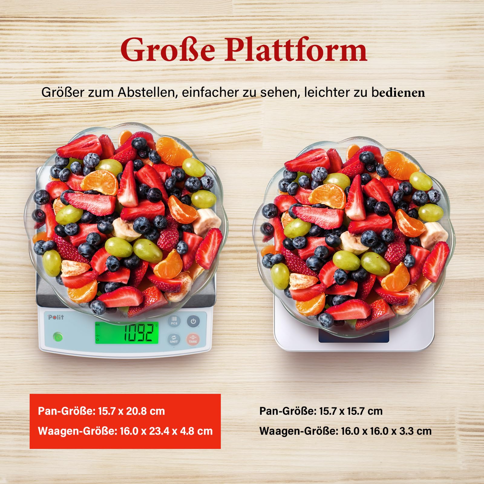 Polit KOIN Digitale Küchen- & Paketwaage 18 kg, wiederaufladbar, 1 g genau | Abnehmbare Edelstahlschale, Dreifarbige Anzeige, Tara-Funktion, 5 Wiegeeinheiten, Für Backen, Marktstand & Gewerbe