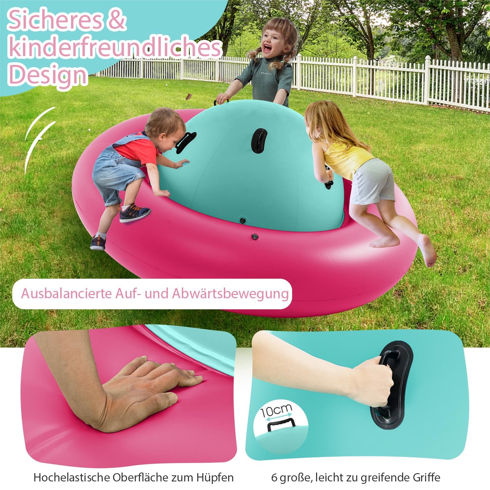 SOARS Aufblasbare Kletterkugel, Hüpfball zum Klettern für Kinder ab 5 Jahren, Kletterkuppel mit 6 Griffen bis zu 113kg belastbar (Grün+ Rosa)