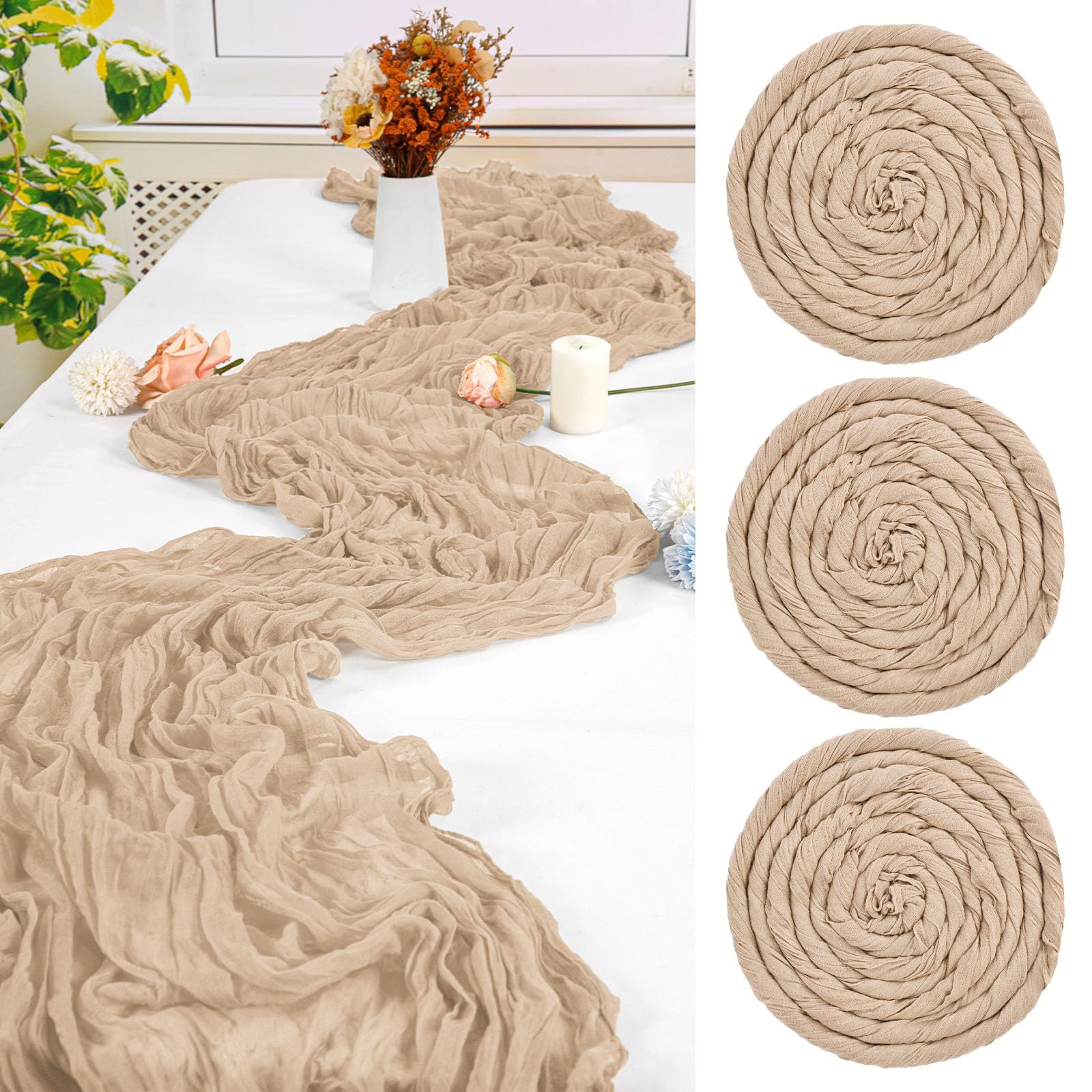 3 PCS Beige Cheesecloth Table Runner, 300cm 10FT Long Gauze Table Runners for Weddings, Boho Rustic Romantic Sheer Decor for Reception, Party & Bridal Shower, Reinforced Edges โ image 1