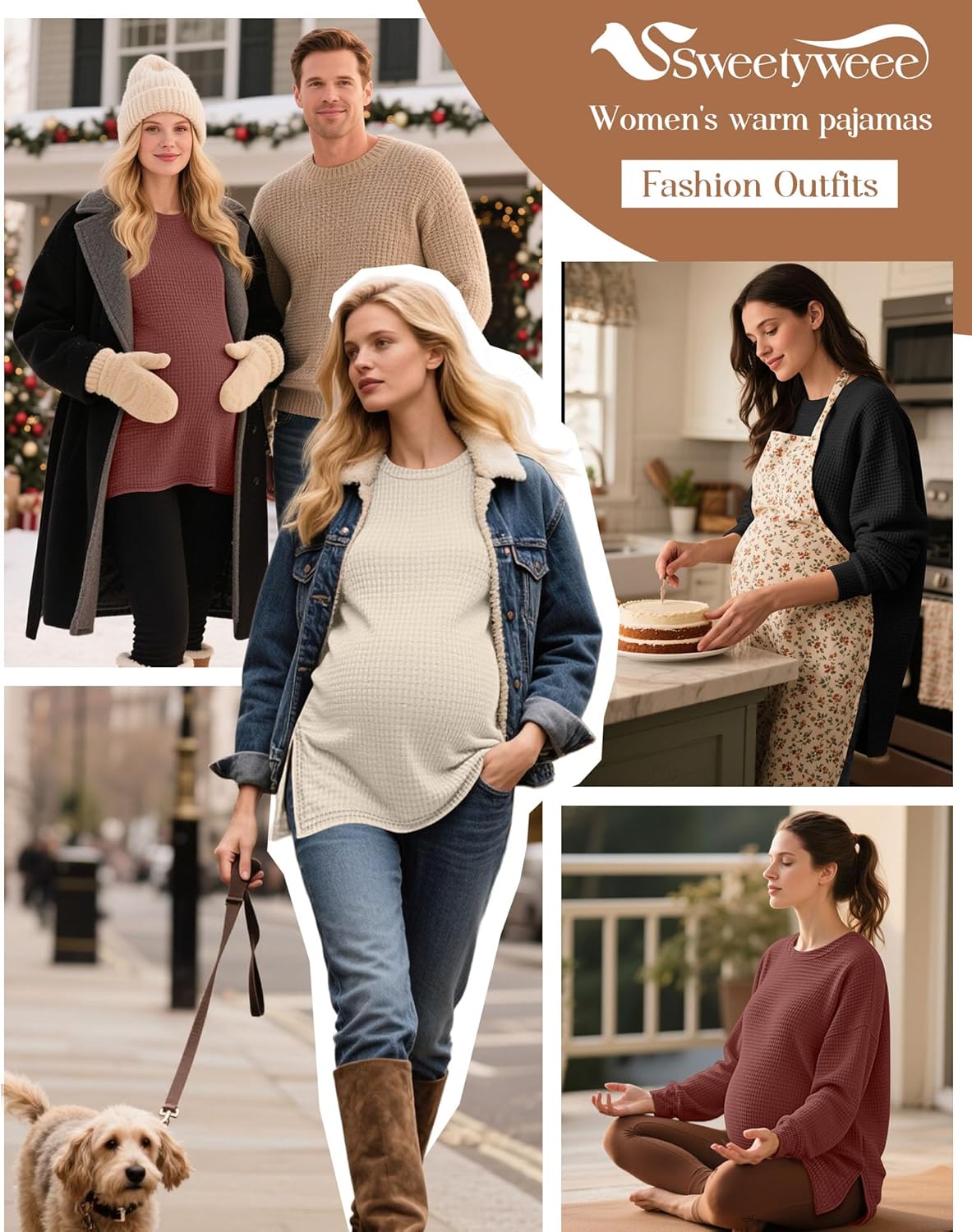 3 Pack Women's Maternity Shirts Long Sleeve Waffle Knit Side Split Oversized Tops Pregnancy Clothes Fall Tees - Image 6