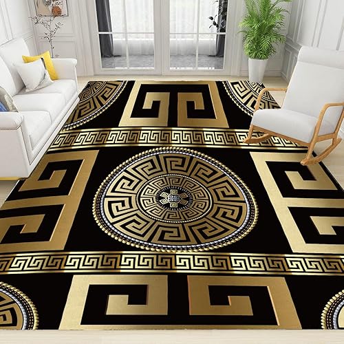 Miniatura 2 de Alfombra retro de 3 x 5 pies, color negro y dorado, con llave griega, lavable, con estampado geométrico 3D de meandro dorado, con respaldo