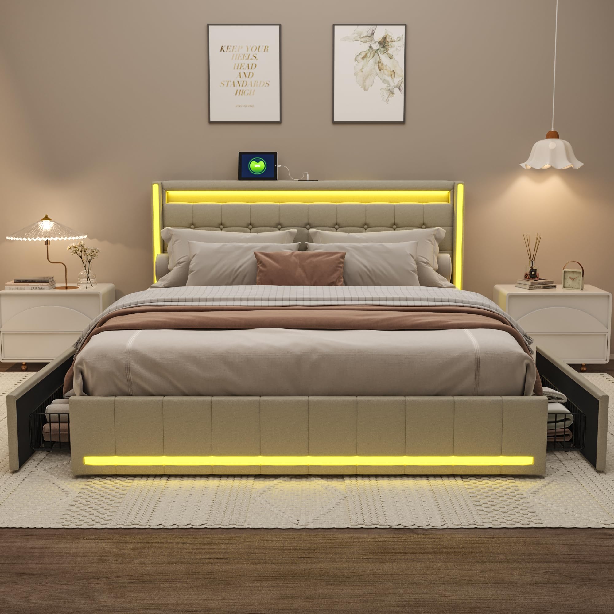 Lit Coffre 140x190cm Avec Sommier Relevable Hydraulique, 2 Tiroirs & Ports USB - Tête De Lit LED - LONELYO - 12