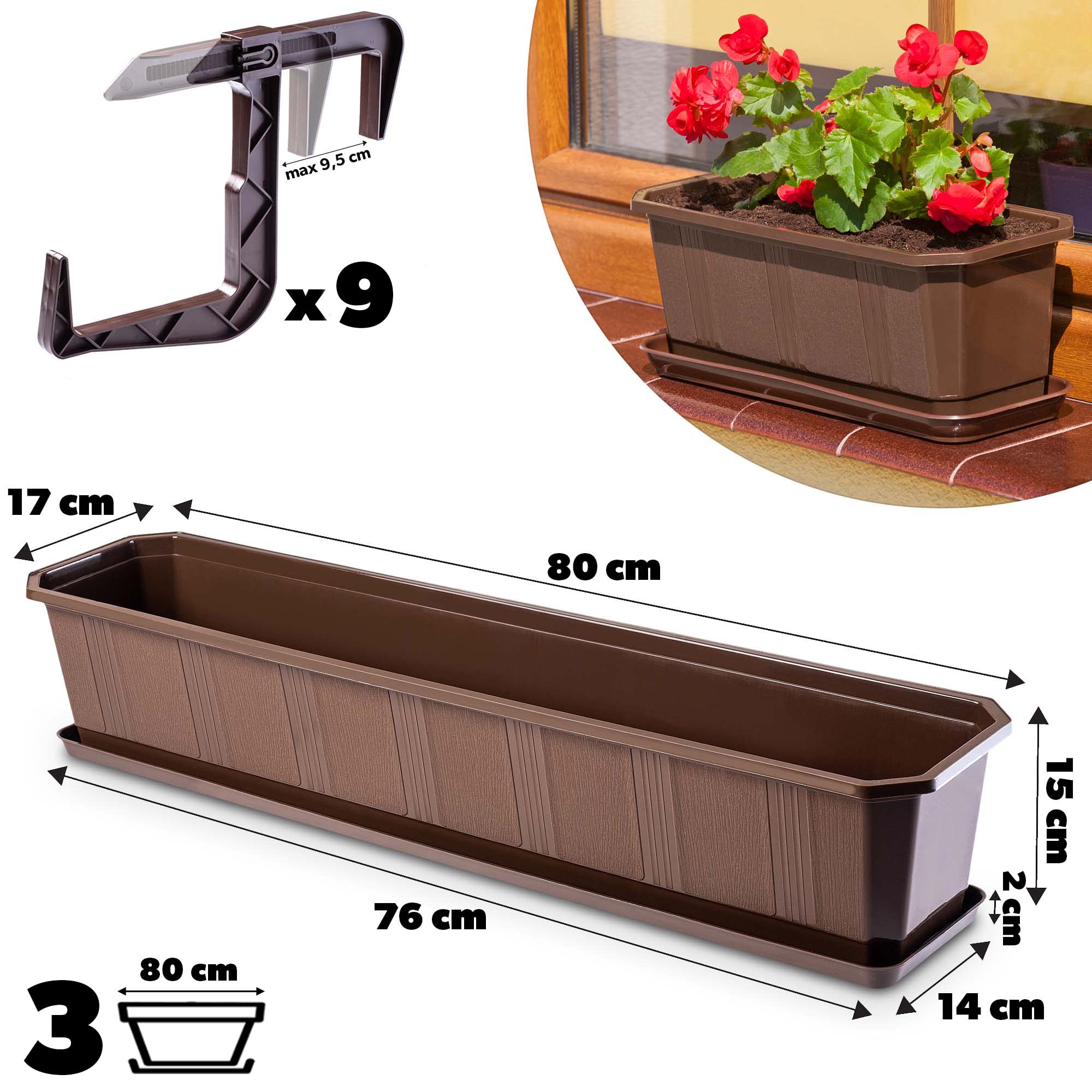 KADAX Jardineras Elegantes con Platos y Soportes para Barandillas de Balcón, Macetas Rectangulares de Plástico, Maceteros Colgantes (3: Marrón, 80 cm)
