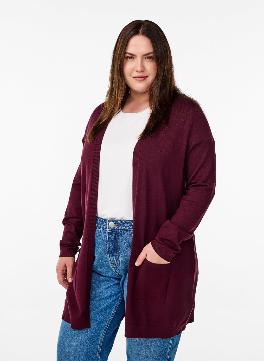 Zizzi Women's Large Sizes - Long Cardigan - Comfortable Cardigan - Women's Cardigan Long Sleeve with Pockets - Made of Soft and Elastic Viscose Blend - Plus Size Fashion Size 42-60 50-52 Große Größen Winetasting