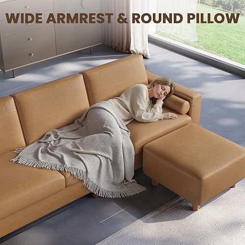 Miniatura 4 de Vesgantti Sofá de piel sintética de 100 pulgadas con otomana móvil, sofá de piel sintética en forma de L de 3 plazas con bolsillo lateral, cómodo