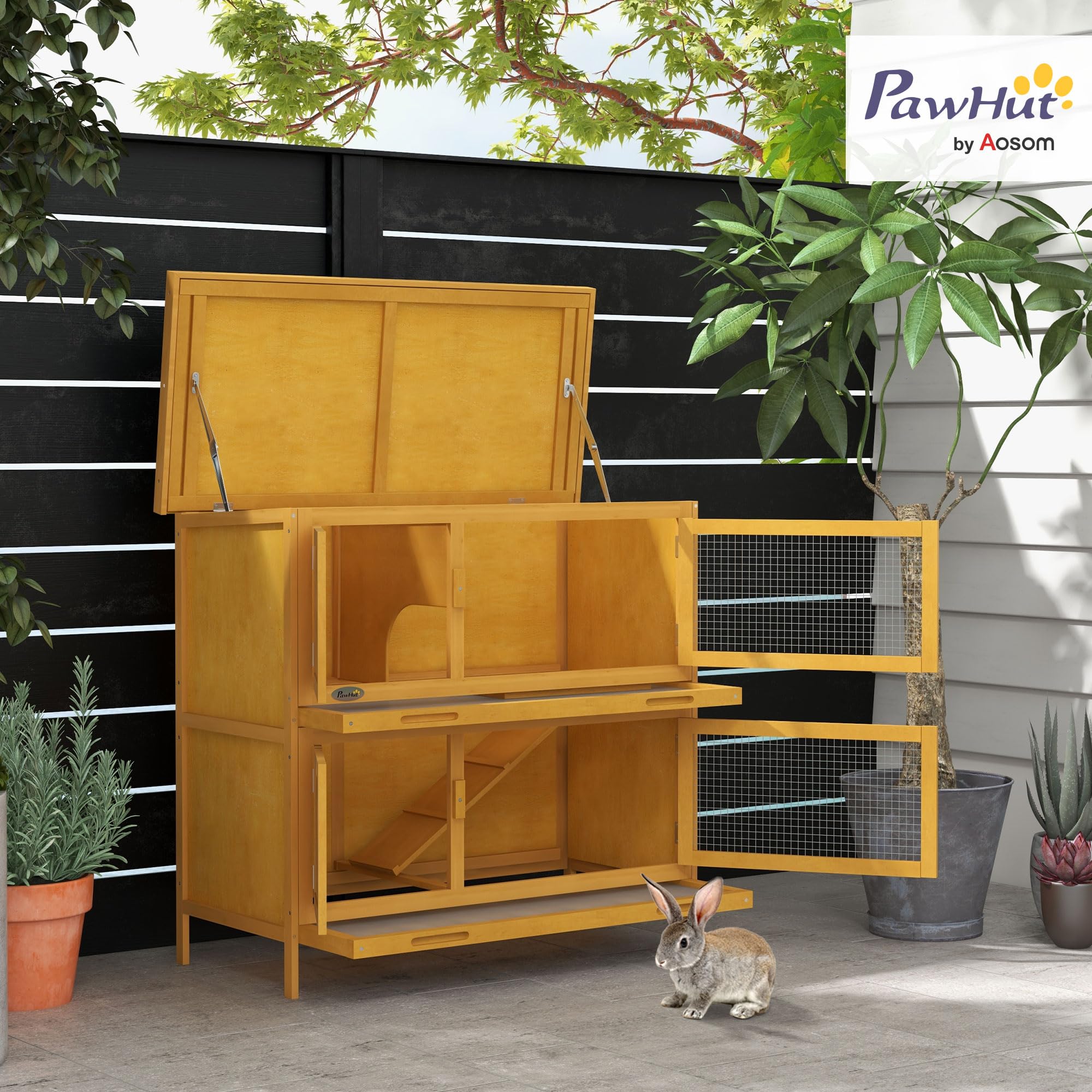 PawHut Conigliera da Esterno a 2 Livelli con Rampa Antiscivolo, 2 Vassoi Estraibili e 4 Porte con Serratura, Conigliera in Abete e Tetto in Bitume, 97x44x91 cm, Giallo
