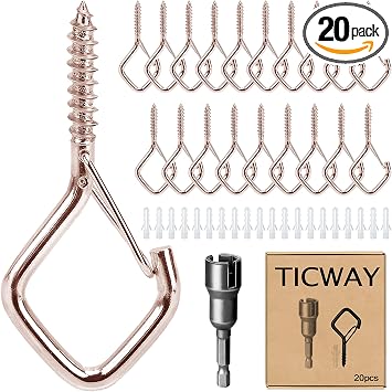 20 PCS Ceiling Hooks for Hanging Plants,Screw Hooks for Wind Chimes,Bird Feeder,Lanterns,Christmas Decorations Outdoor String Lights Rose Gold