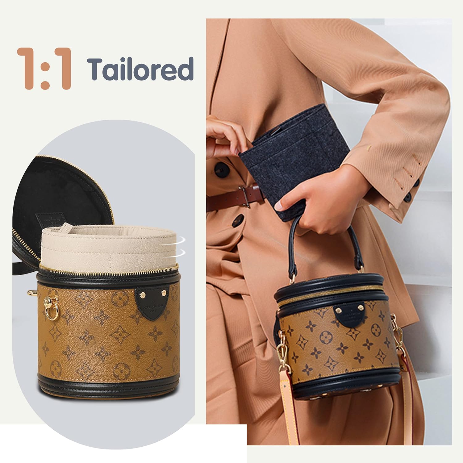 Soyizom Felt Purse Organizer Insert Fits Cannes Cylinder Bag - Tote Organizer for Women, Liner, Insert in Purse, Beige - Image 6