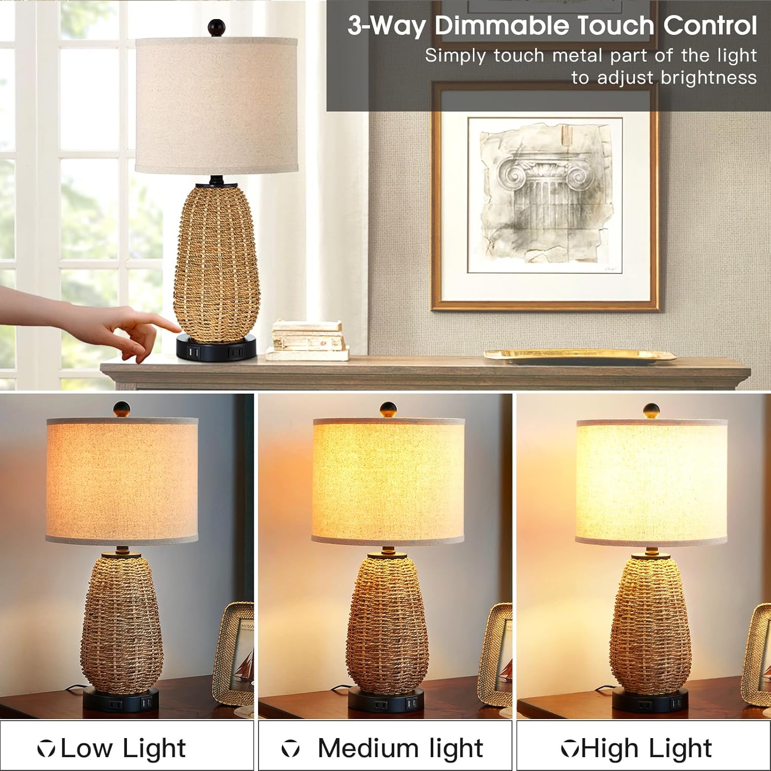 CINSARY Touch Control Rattan Table Lamp, 3 Way Dimmable Bedside Lamp for Bedroom with 2 USB Ports and AC Outlet, Nightstand Lamps for Living Room(LED Bulbs Included), Grass-1PK