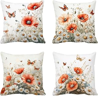 Funda de cojín de 65 x 65 cm, color rojo, cojines de asiento para exteriores, impermeables, decorativas, paquete de 4 almohadas para exteriores con cremallera invisible para sofá, banco, sala de estar