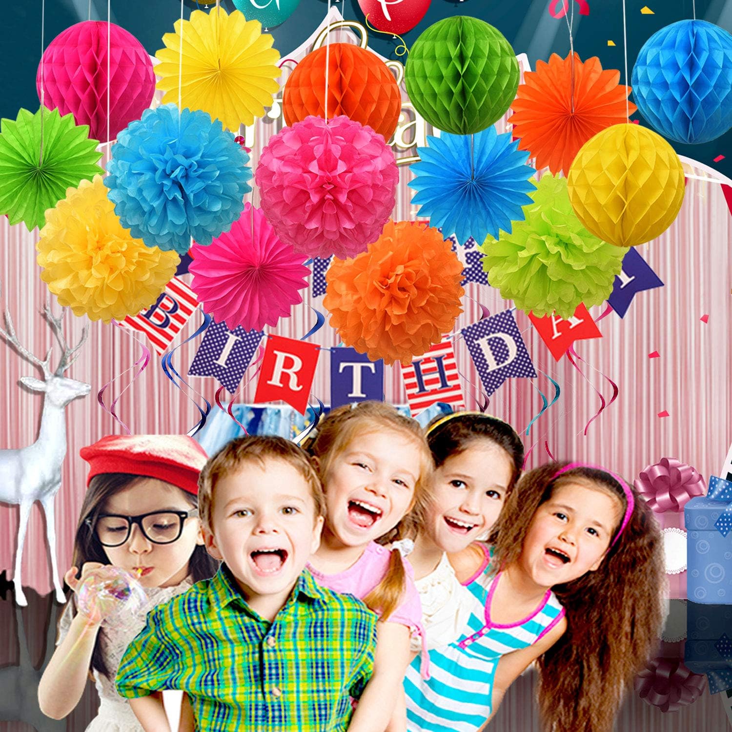 Colorful Paper Party Decorations, Tissue Paper Flower&Party Pom Poms wth Swirl Streamers, Premium Material with Vivid Colors, Hanging Décor for Birthday/Wedding/Bridal Shower/Bachelorette
