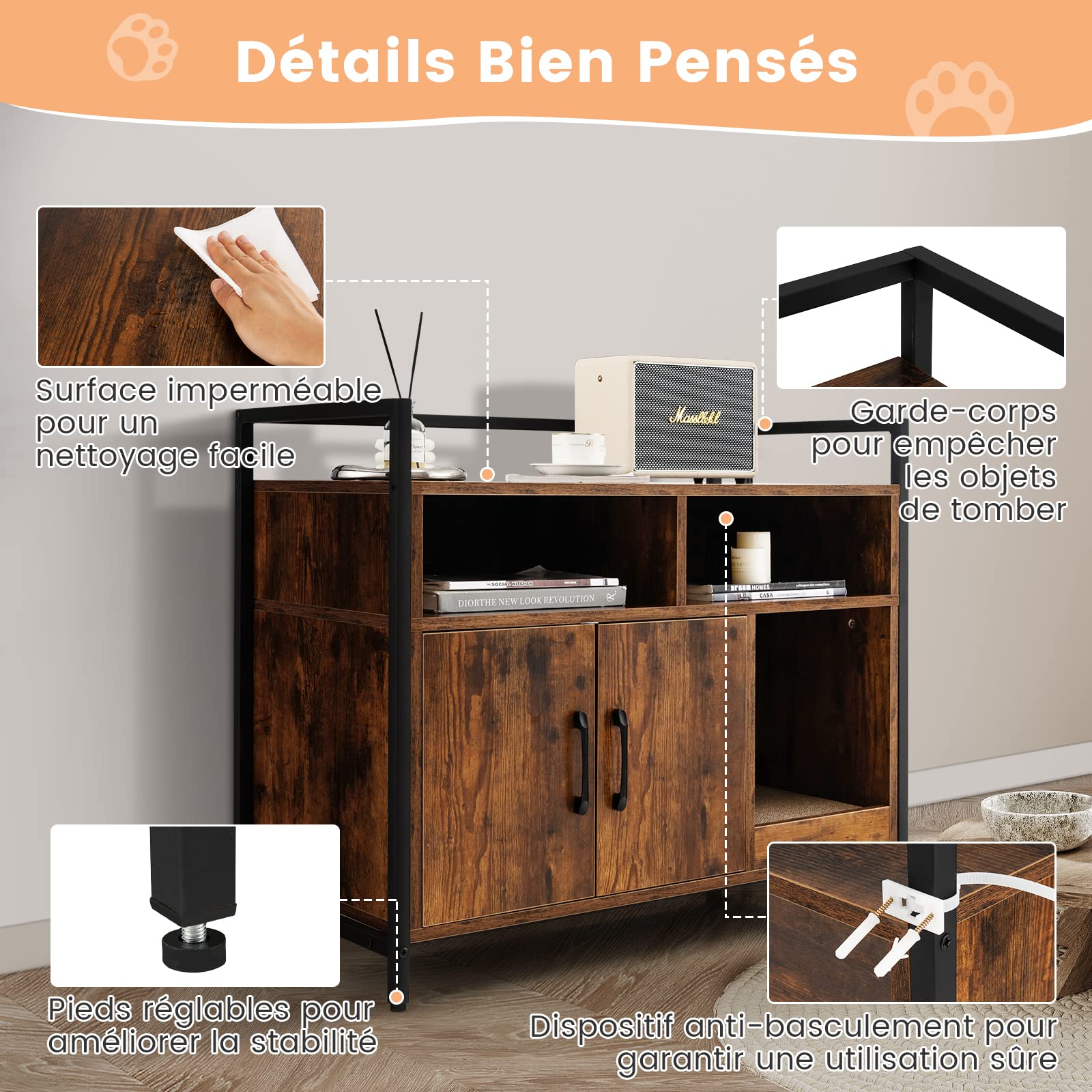 COSTWAY Meuble Litiere Chat en Bois, Meuble Cache Litiere Double Porte 2 en 1, Planche à Griffer Amovible, Cadre en Métal, 1 Passe-Câble, 2 Compartiments, Maison de Toilette Chat, Café