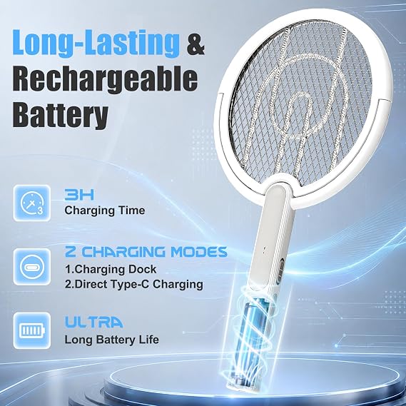 Rotating Head Electric Fly Swatter Racket with Telescoping Handle, 4000 V