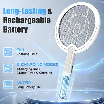 Rotating Head Electric Fly Swatter Racket with Telescoping Handle, 4000 V