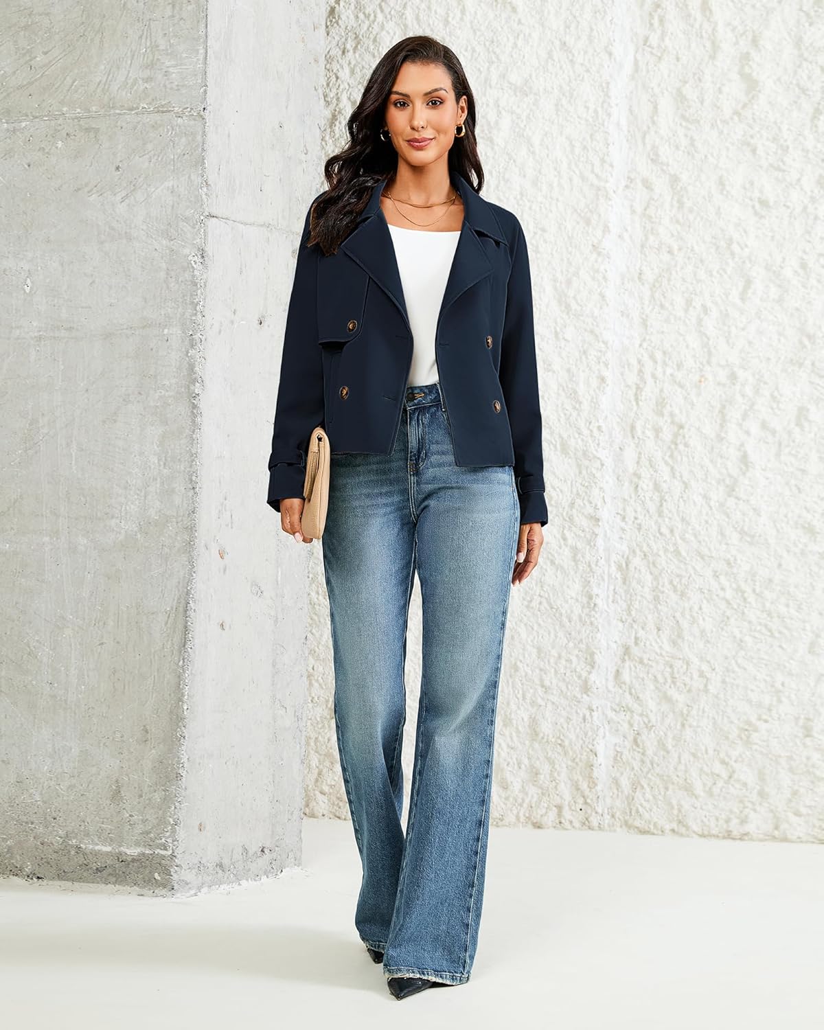 LookbookStore Cropped Trench Coat for Women Double Breasted Long Sleeve Work Office Business Casual Fall Short Jackets - Image 5