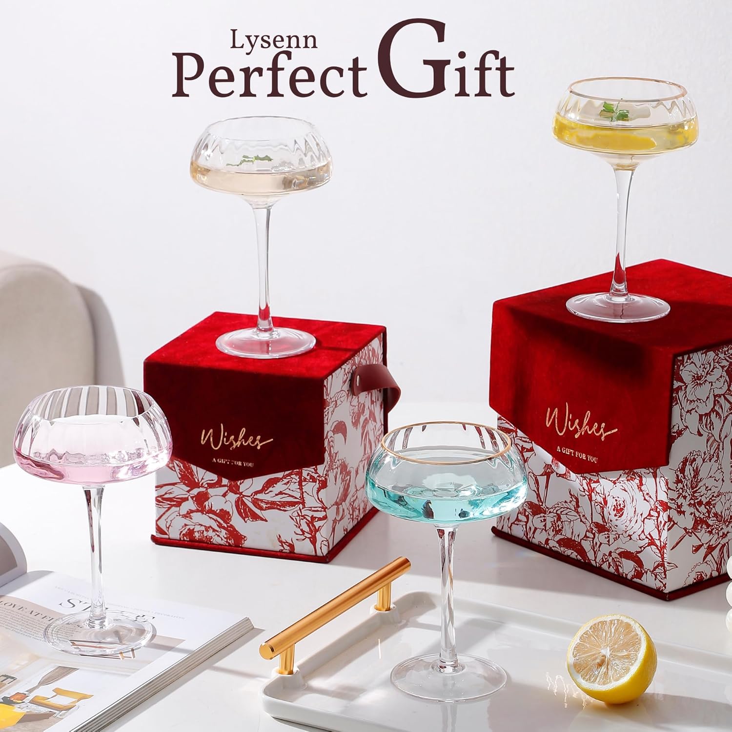 Lysenn Coupe Glasses Set of 4 - Premium Hand Blown Martini Glasses - Perfect for Cocktail and Champagne – 8.45 oz, Clear - Image 6