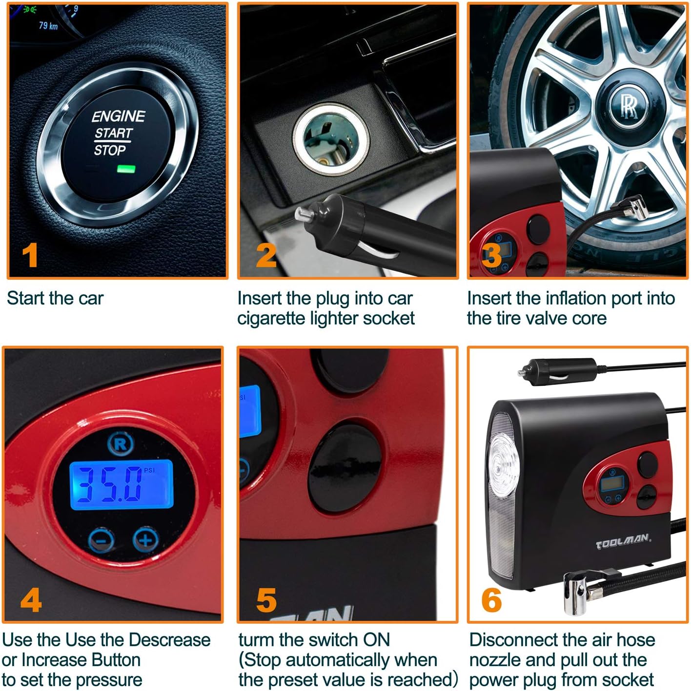 Six-step visual guide for using the Toolman Digital Tire Inflator