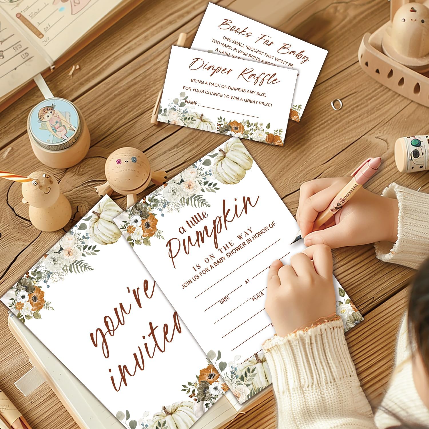 Boho A Little Pumpkin 25 Baby Shower Invitations with Envelopes, Diaper Raffle Cards, Book Cards For Baby Announcement, Gender Reveal Party, Shower Insert for Invitations-10