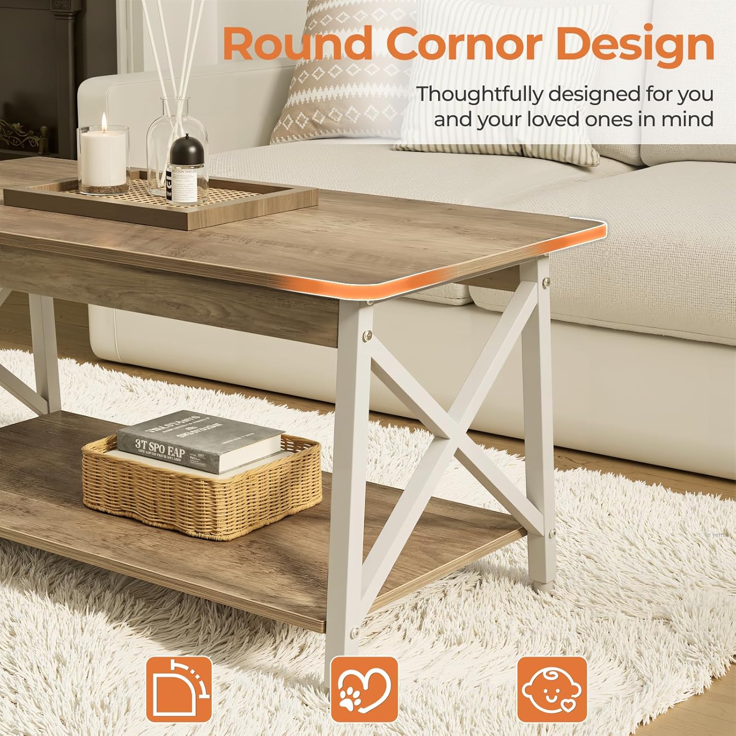 GreenForest Coffee Table with Round Corner, 39.4'' Modern Living Room Table with 2 Tier Storage Shelves, Rustic Industrial Sturdy Center Table Space Saving Easy Assembly, White Gray Wash