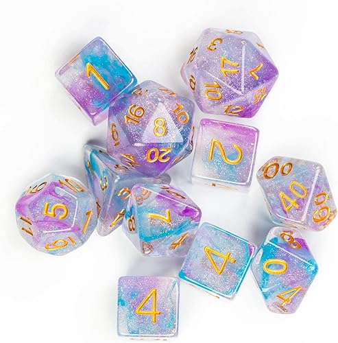 Miniatura 6 de UDIXI Juego de 11 dados poliédricos DND dados de remolinos iridiscentes para juegos de rol mazmorras y dragones dados DD azul morado