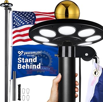 Yescom Bravery 20 Ft Heavy Duty Sectional 13Gauge Aluminum Flag Pole Kit w/ | 136 LED Solar Powered Light US Flag Top Final for Outside House Outdoor Commercial Residential Home Yard Garden Solid Black