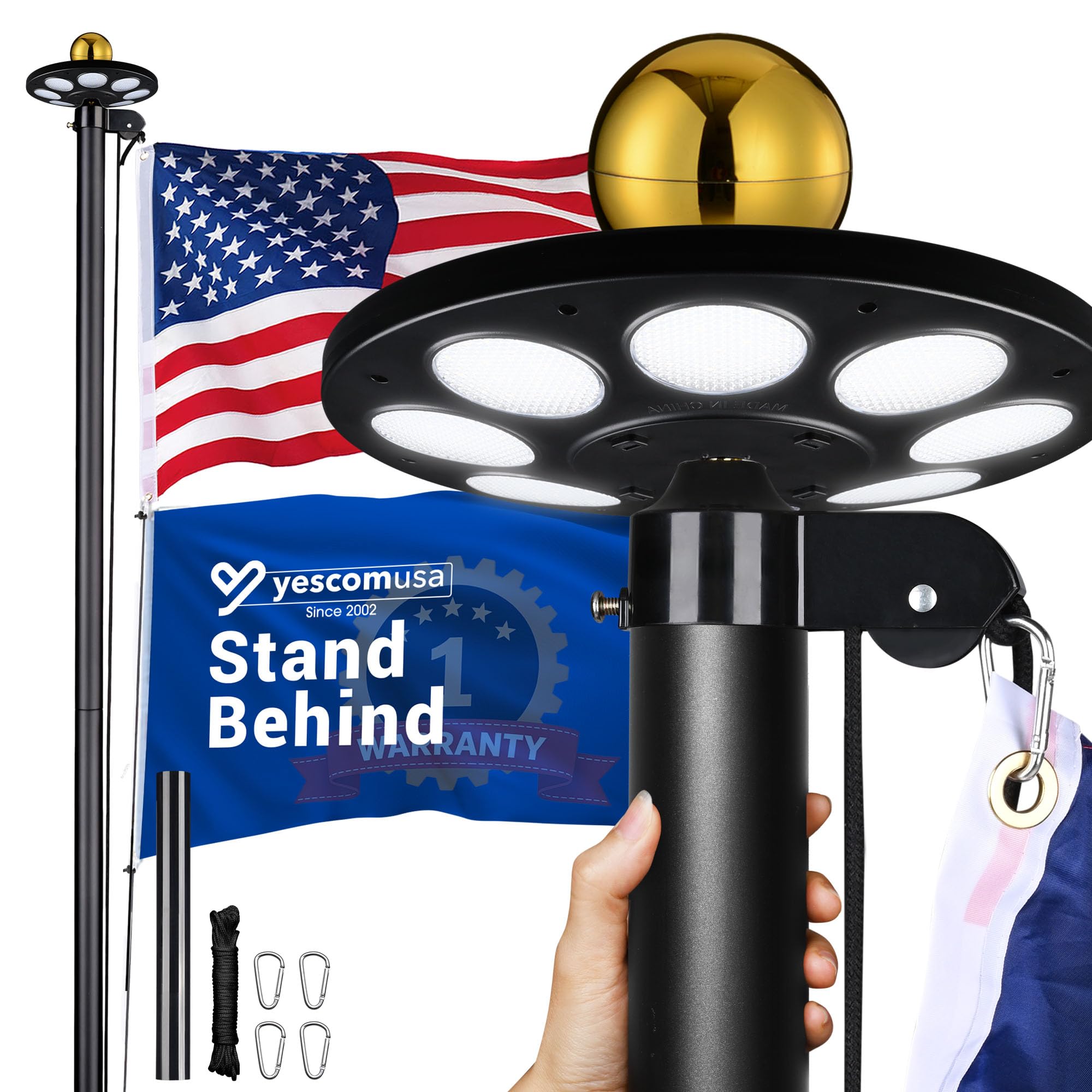 Yescom Bravery Plus 20FT Heavy Duty Flagpole with Solar Light 1.8mm Thick | Black Aluminu…