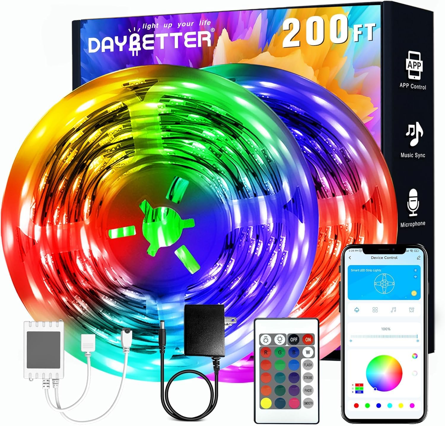 DAYBETTER Led Strip Lights 200 ft(2 Rolls of 100 ft) Smart Strips with App Control Remote, Led Lights for Bedroom, Music Sync Color Changing for Room Home Decor Party Festival