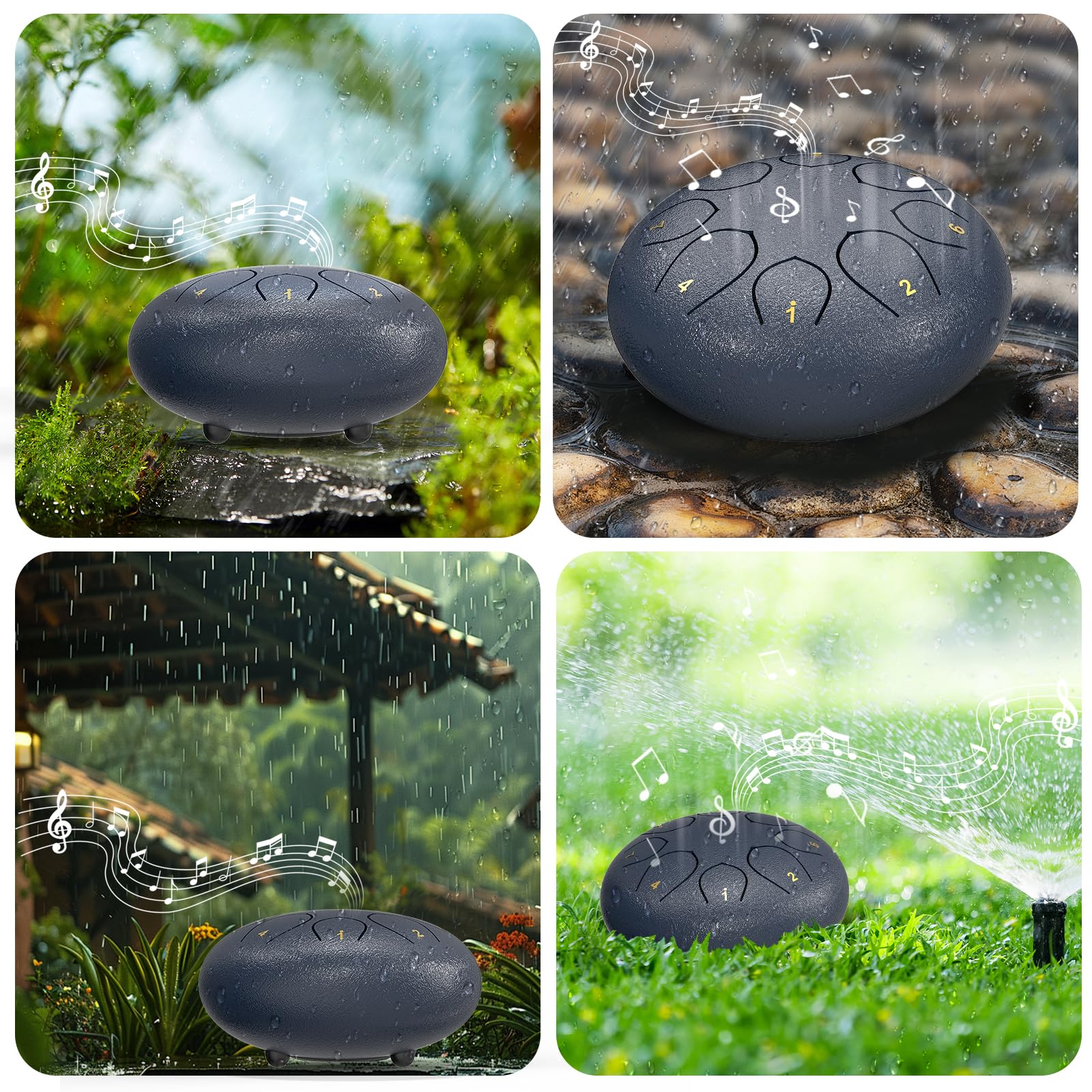 Rain Drum for Outside Garden, 6 Inches 8 Notes Steel Tongue Chakra Drums, Waterproof Echo Rain Chime Meditation Drums, Musical Instruments for Adult Gift with Bag, Music Book, Drum Mallets (Navy Blue) 4