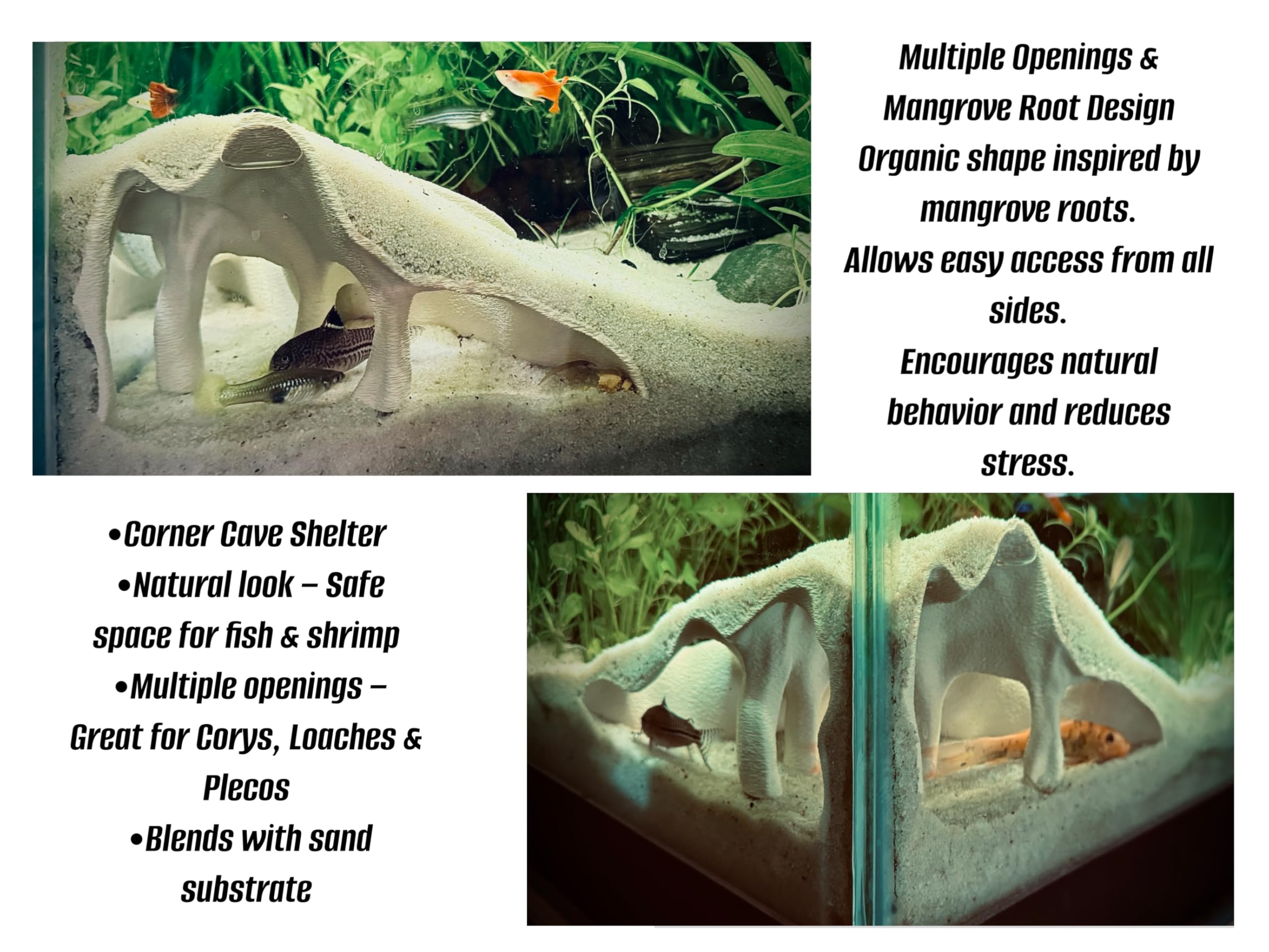 Cueva esquinera de acuario y terrario, escondite de raíz de manglar sintética para peces, camarones, gecos, serpientes, decoración de tanque de reptiles de aspecto natural en estilo de raíz