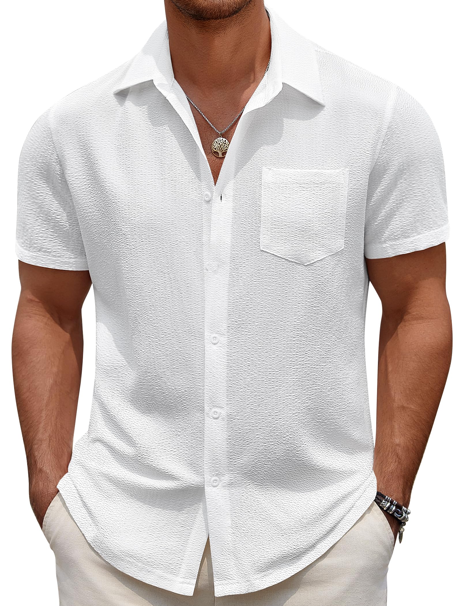 COOFANDY Men's Casual Button Down Short Sleeve Shirt Textured Summer Beach Vacation Shirt