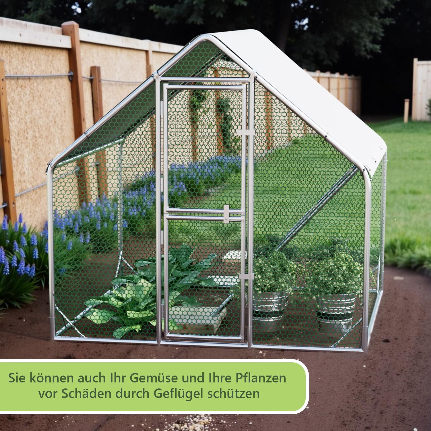 Gallinero grande de metal 2 x 2 x 1,7 m con cubierta de techo, cercado para gallinero para jardín, resistente a la intemperie, para 4 a 6 gallinas, con accesorios y escalera de asiento