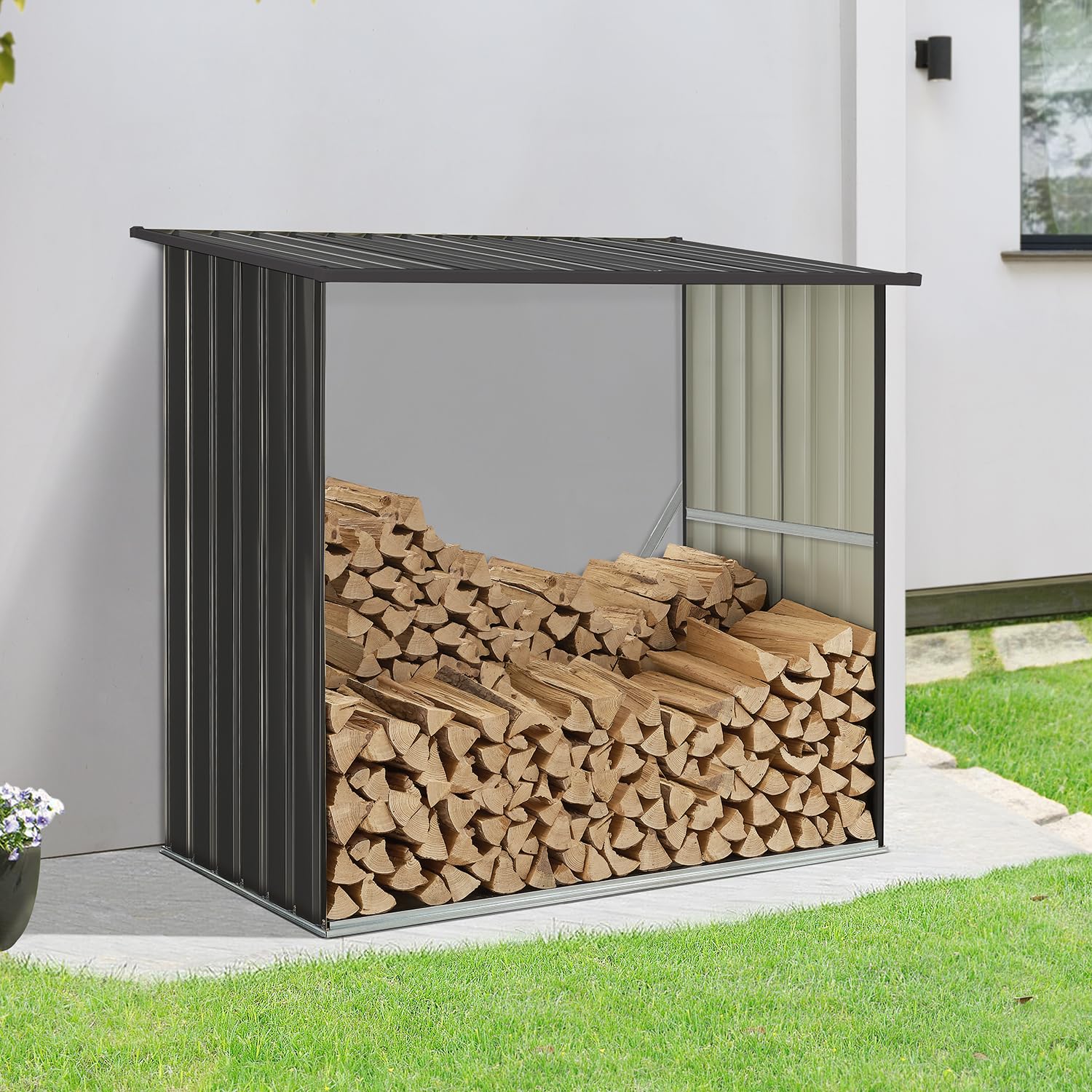 Juskys Abri à bois Enno extérieur étagère acier rangement métal anthracite