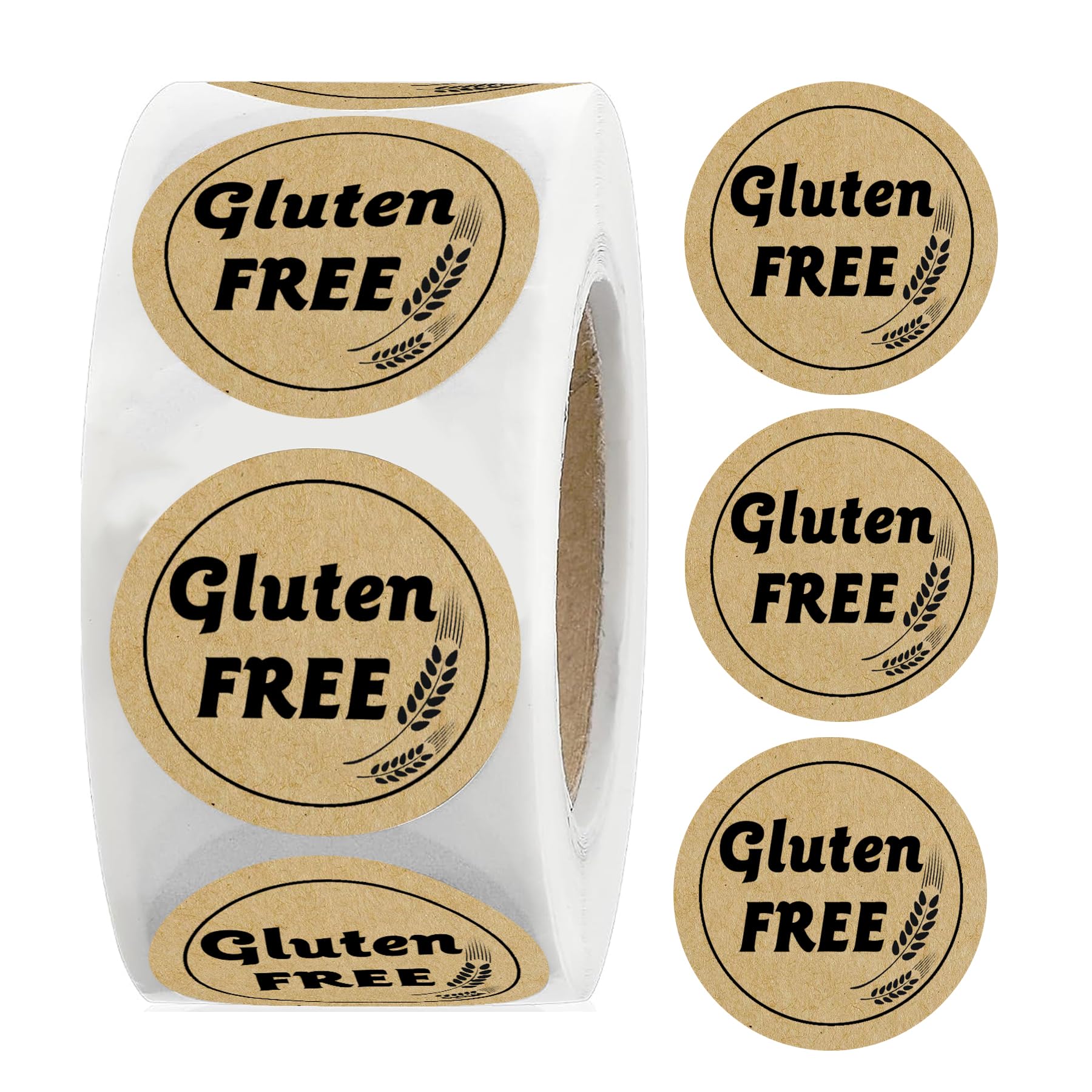 1 Inch Brown Kraft Gluten Free Stickers - Food Rotating Label for Retail Package - 500pcs