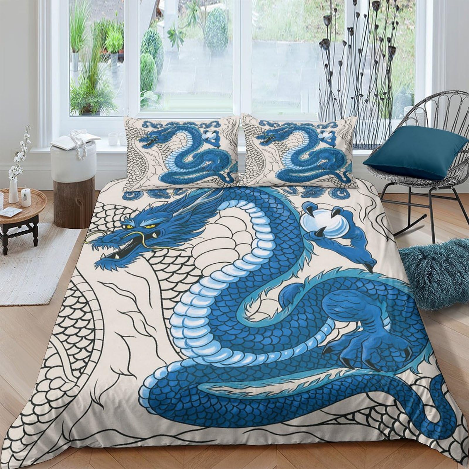 Ctjqhvkz Style-2 3D Printed Blue Dragon Fitted Sheet Microfiber Soft Anti-Slip Asian Myth Bed Cover For Bedroom Guest Room Decor Single（135X200cm）
