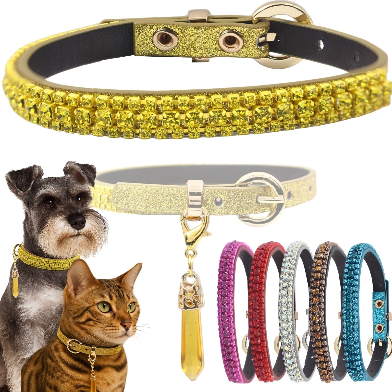 PEARLY JUN Yellow Diamante Dog Collar XXS Rhinestone Bling Dog Collar for Small Cat Cute Luxury Crystal Pet Puppy — image 1