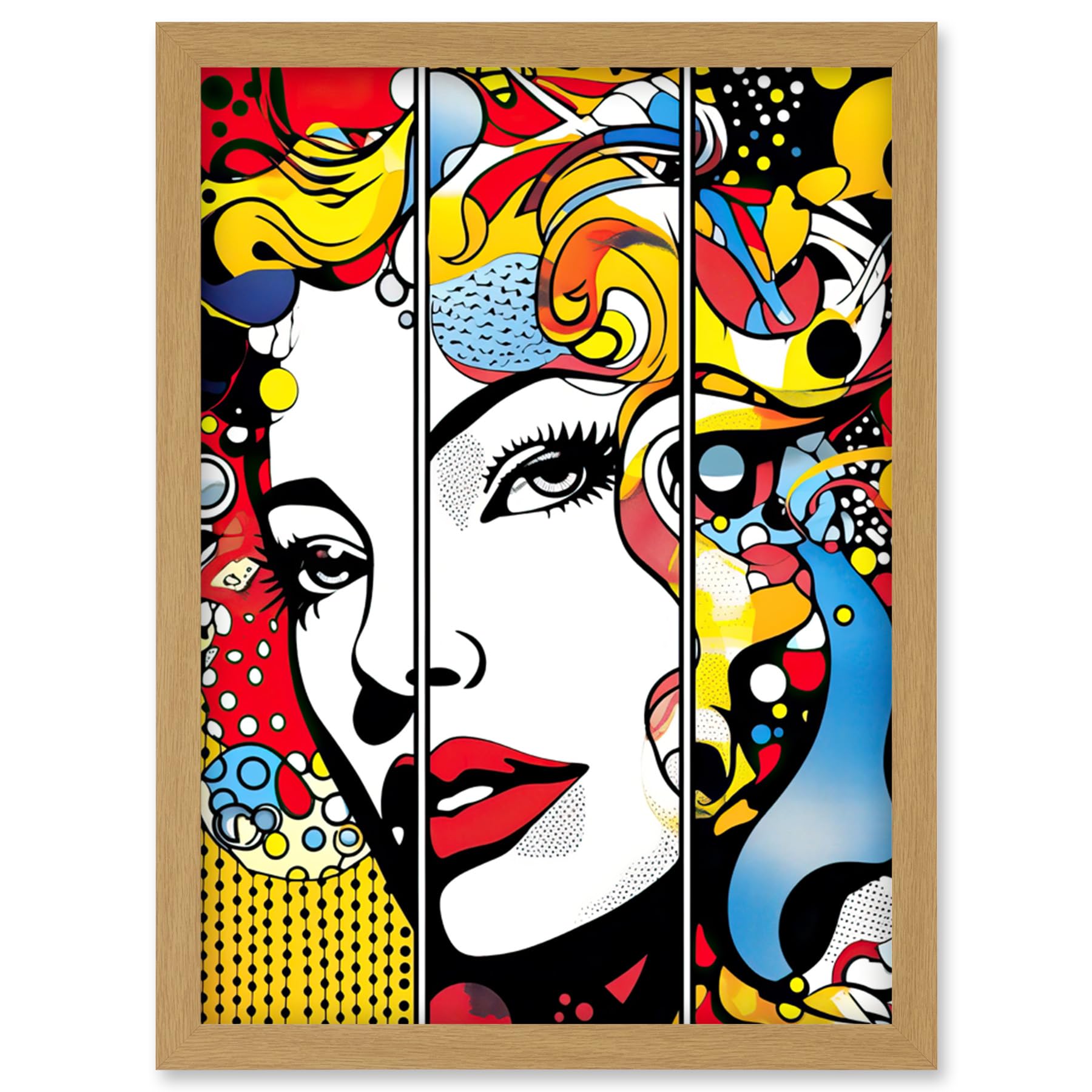 Artery8 Teen Girl Comic Book Style Vibrant Patterns Abstract Triptych Portrait Bedroom Artwork Framed Wall Art Print A4