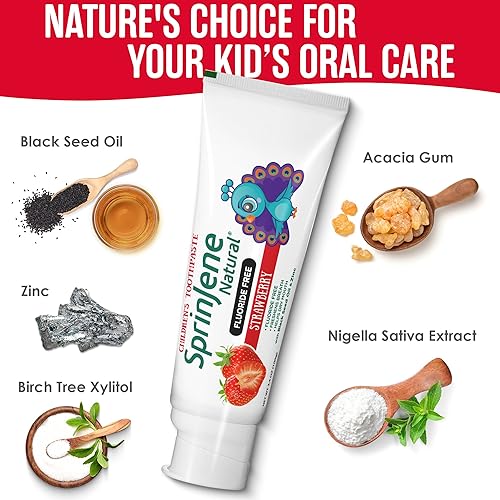 Miniatura 3 de SprinJene Pasta dental natural para niños, pasta de dientes de fresa sin flúor para niños pequeños y niños, fórmula natural suave y segura con