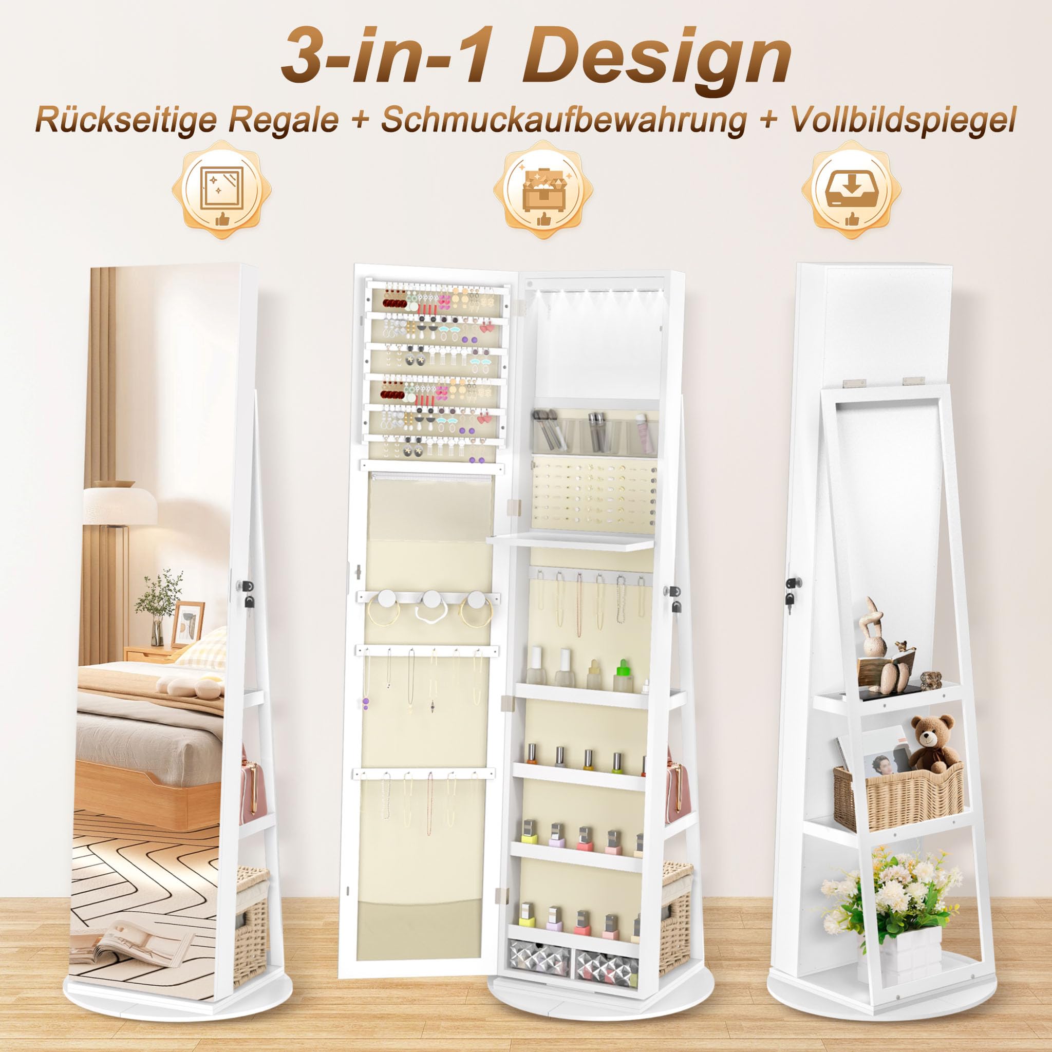 LZQ Armoire à bijoux avec miroir et lumières LED - Pivotant à 360° - Verrouillable - Organiseur de bijoux 3 en 1 - Grand rangement de bijoux - 161 x 54,5 x 10 cm - Blanc