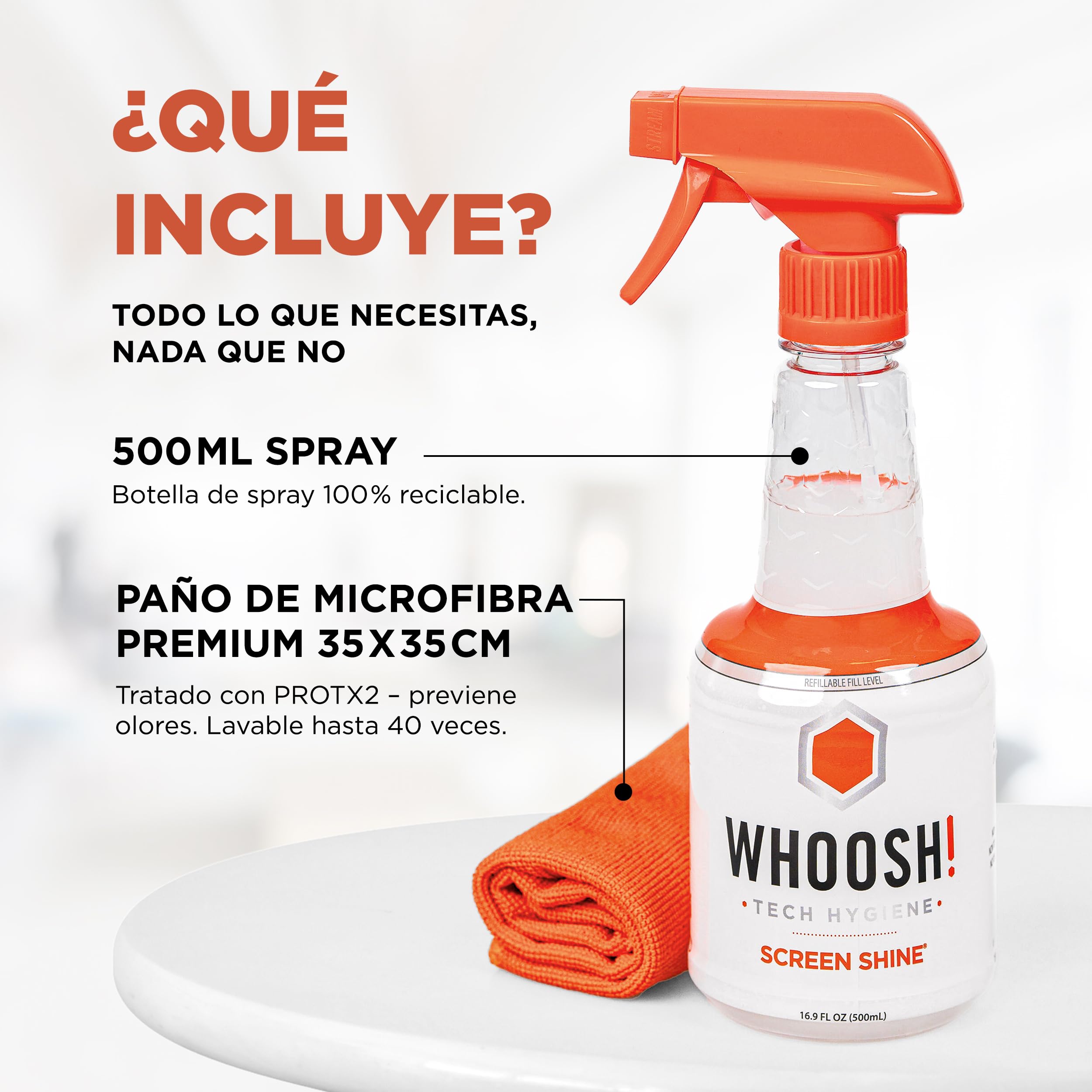 WHOOSH! Limpiador de Pantalla TV Pro para LED, LCD – Kit de Limpieza de Pantalla de TV OLED de 500 ml con paño de Microfibra, Botella Recargable, Limpieza sin Rayas, fórmula Segura y no tóxica