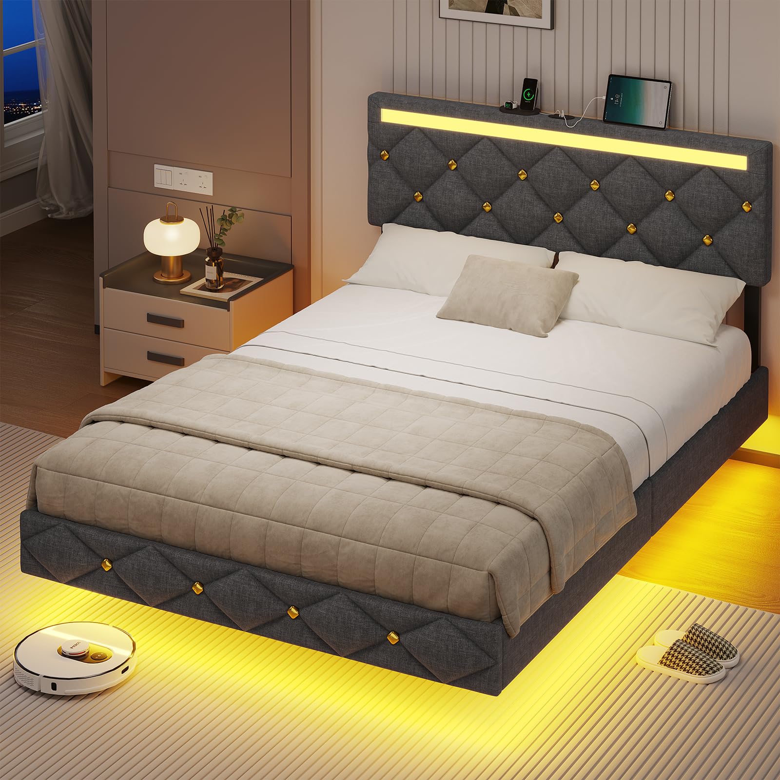 DICTAC Lit 140x190 avec LED, Cadre de lit 140 x 190cm avec Éclairage LED et 1 USB-A + 1 USB-C, Tête de Lit Réglable et Rembourrée - Lit Flottant avec Sommier, Capitonnage Lin Gris