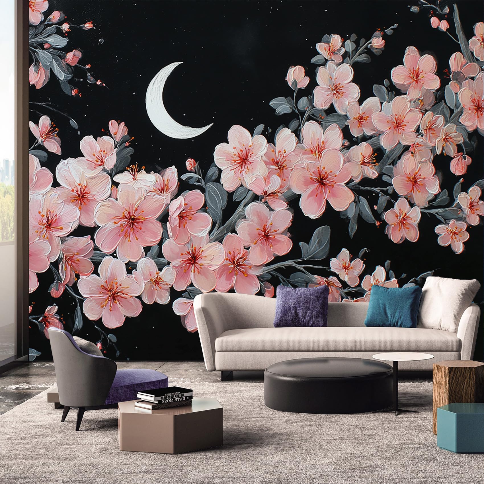 Cherry Blossom Wallpaper - Moon Pink Flower Wall Mural - Wall Murals for Living Room Bedroom - Photo Wallpaper & Home Decor Art - 450 x 315 cm A-5051