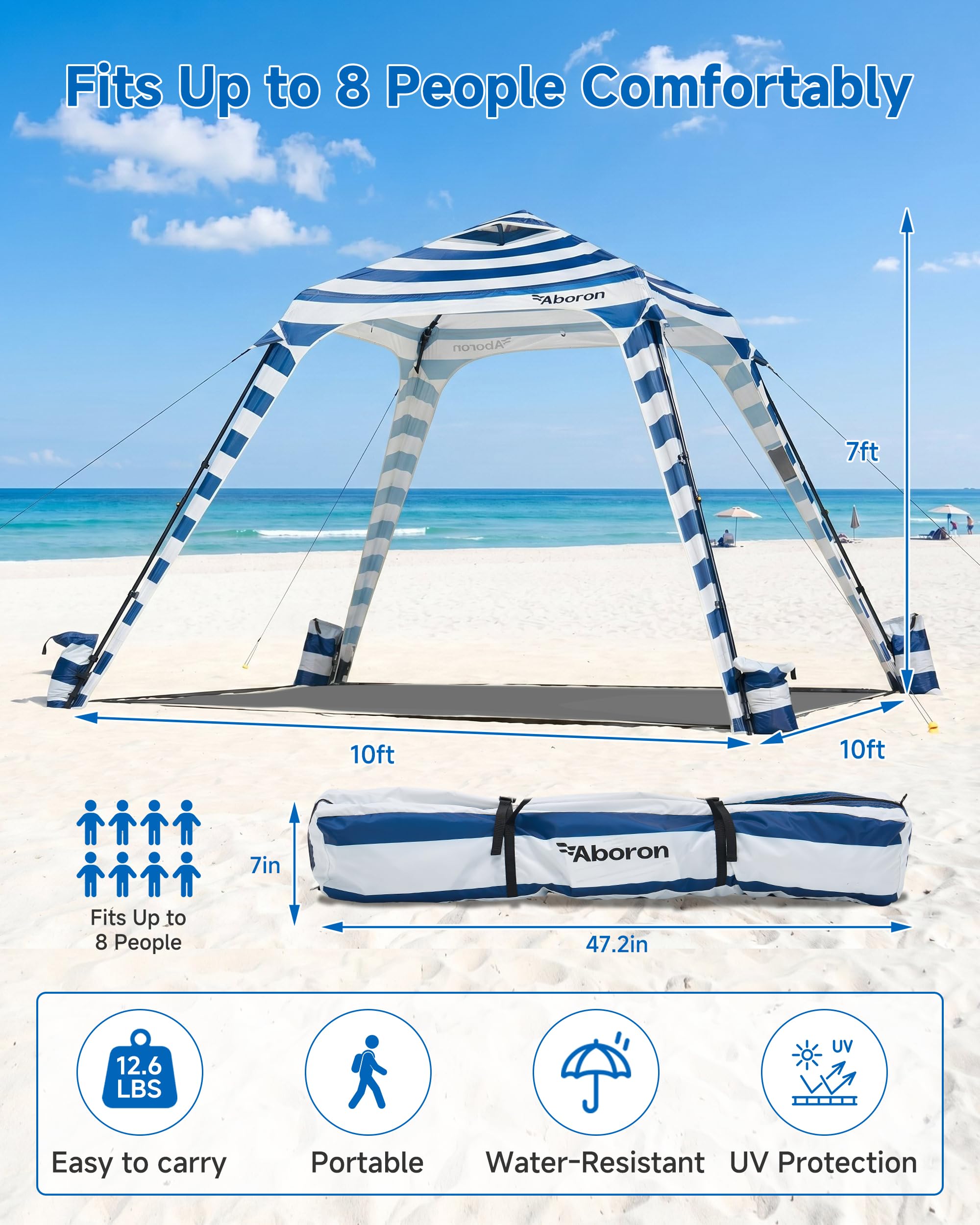 Ytaoeo Strand Pavillon 3x3m mit Seitenwänden UPF 50+ Blau Weiß