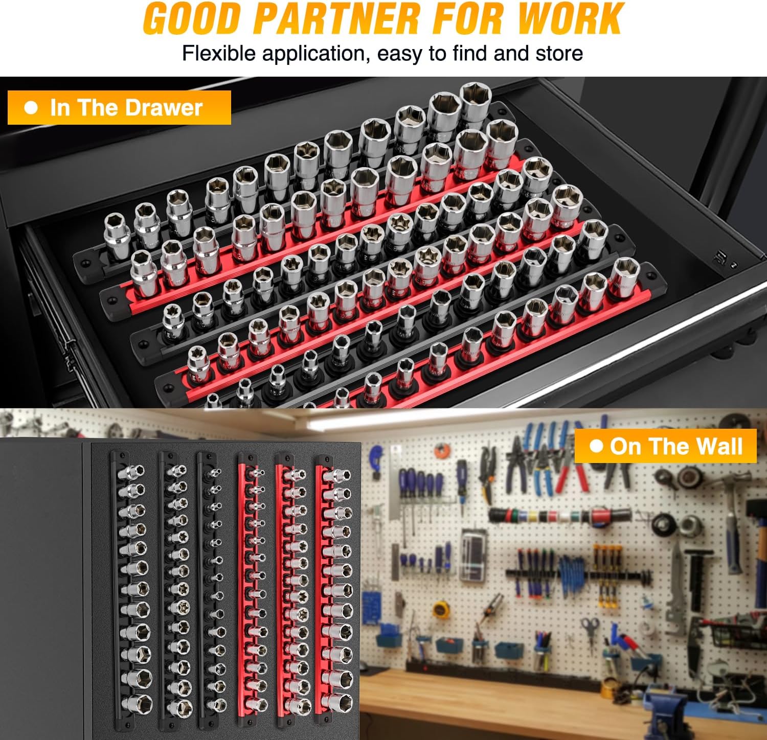 GOOACC Magnetic Socket Organizer 1/4" 3/8" 1/2" Socket Holder Set with 80 360° Swivel Clips Heavy Duty Aluminum Socket Rail Organizer for Tool Box Drawer, 6 Pieces Magnetic Drive Socket Rails Holders
