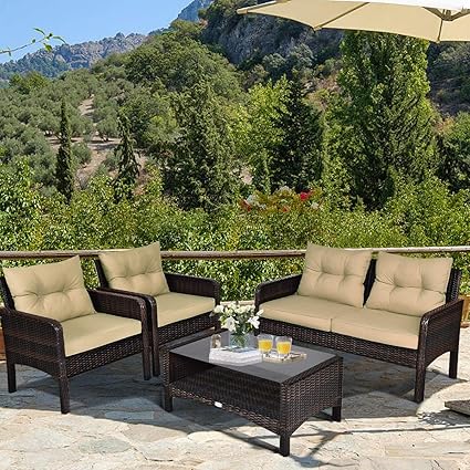 DEVOKO 4pcs Patio Furniture Set Outdoor Rattan Wicker Conversation Set Sectional Wicker Sofa Chair & Coffee Table Set for Porch, Poolside, Backyard (Dark Brown and Cream)