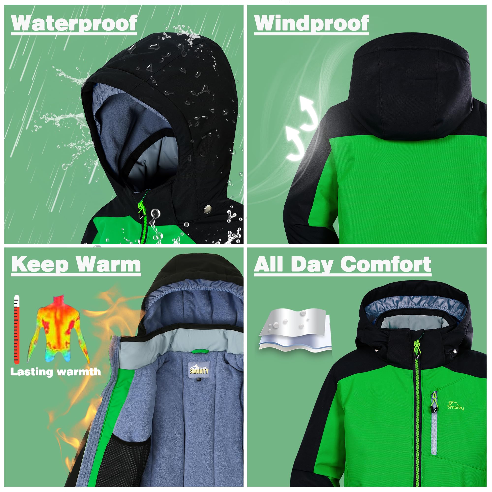 SMONTY SNOWER - Tuta da sci per ragazzi, con cappuccio rimovibile, extra caldo, invernale