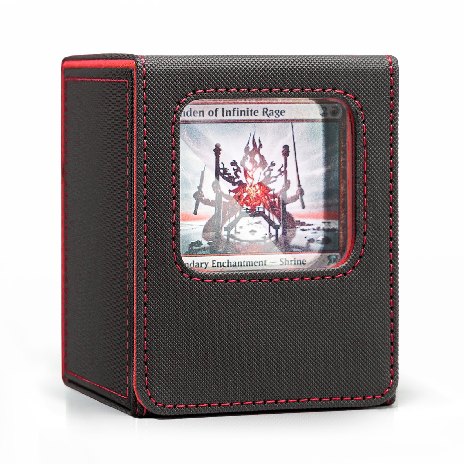 Venssu MTG Deck Box with Front-Facing Commander Display, Card Deck Case Fits 100 Single Sleeved Cards, PU Leather Magnetic Tcg Storage Box with 2 Dividers and 100% UV Protect Mini Snap (Black and Red)